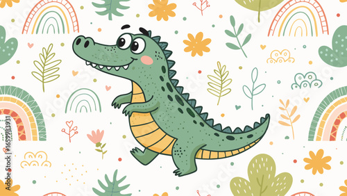 Cute smiling cartoon alligator walking in a cheerful, playful scene