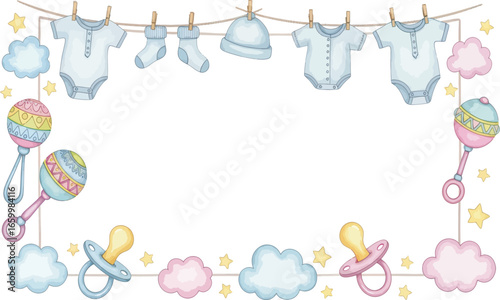 Charming illustrated frame featuring baby bodysuits, socks, and a hat on a clothesline, with rattles, pacifiers, clouds, and stars adorning the border.