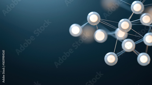 Minimalist abstract structure with glowing spheres connected by thin lines on dark blue background, modern and futuristic mood