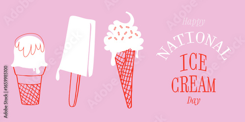 National Ice cream day banner. Pink retro holiday poster, background, card. Sweet cold dessert social media advertising. Flat Vector illustration. Italian desserts