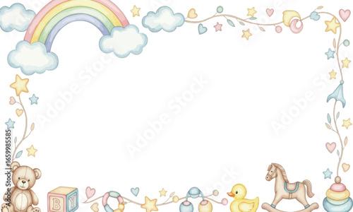 A charming baby-themed frame decorated with a pastel rainbow, clouds, teddy bear, and classic toys.