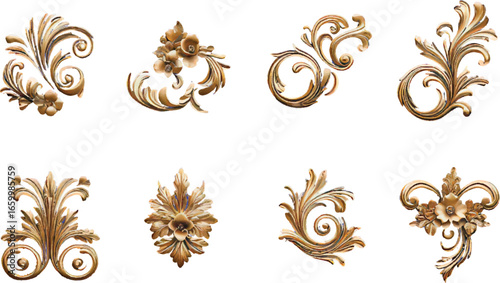 Collection of Eight Ornate Golden Decorative Flourishes and Swirls vector illustration