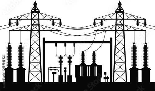 High voltage electrical substation with transformers and power lines, energy infrastructure vector illustration for industrial, utility, grid and electric supply