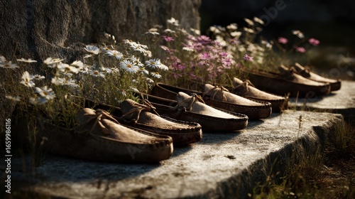 Old shoes creatively transformed into flower planters sit on a stone surface under warm sunlight