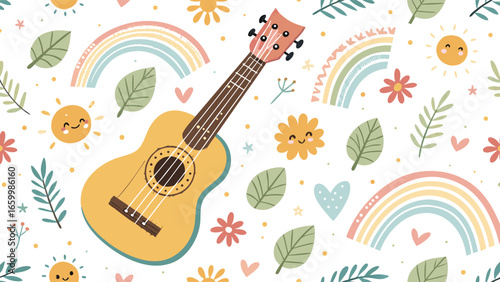 Ukulele Amidst Rainbows and Floral Whimsy Pattern