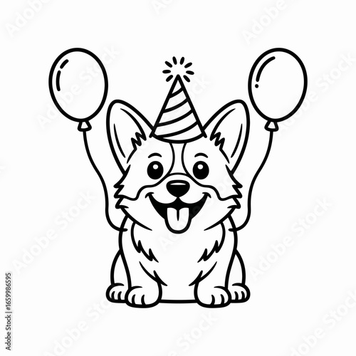 Corgi Dog with Balloons Party Hat Coloring Page