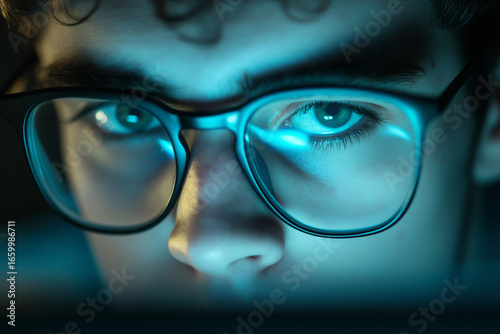 A young man with glasses in computer light