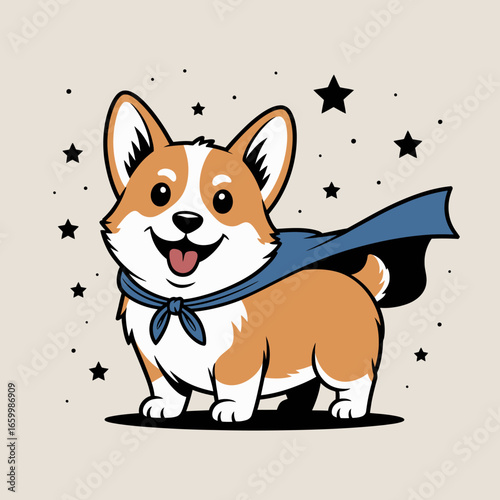 Cute superhero corgi with stars background, cartoon style