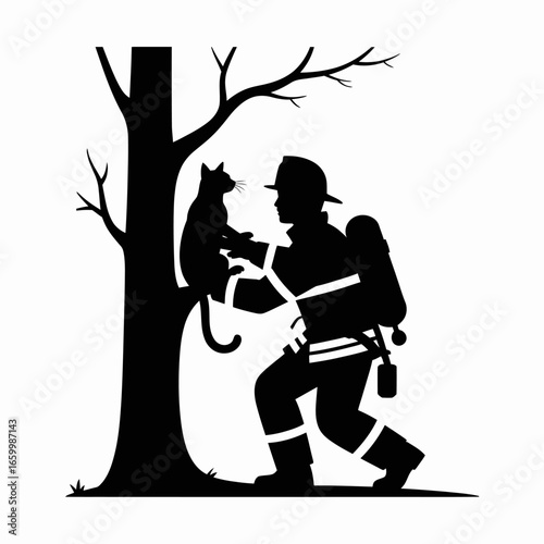Firefighter Rescuing Cat from Tree Silhouette
