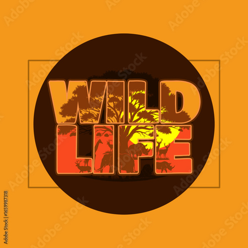 Stylish typography forms a window onto a vibrant African savanna landscape at sunset, framed in a circle against a bright orange background. Perfect for celebrating National Wildlife Day on September