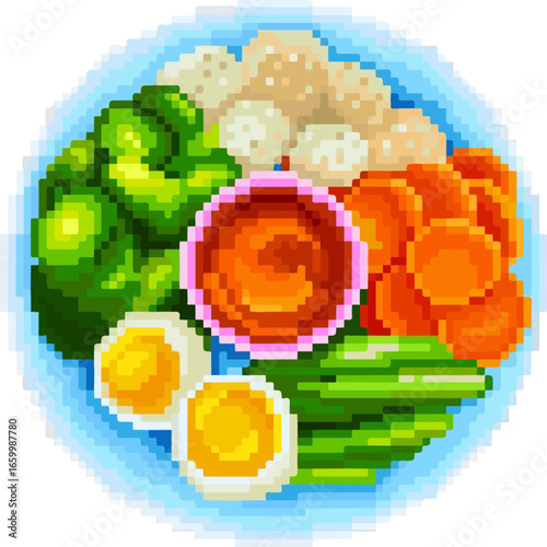 salad dressing on a plate pixel art style illustration