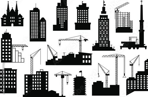 Silhouette of modern buildings, construction cranes, architecture structures, high rise towers, urban skyline elements, perfect for infrastructure, development, and design projects