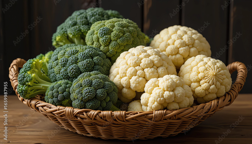 Fototapeta premium Organic broccoli and cauliflower in handwoven basket,