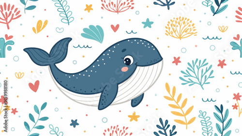 Adorable Ocean Whale Exploring a Bright and Cheerful Submarine Wonderland