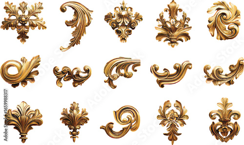 Fifteen Golden Ornate Decorative Flourishes and Swirls with Floral Accents vector illustration