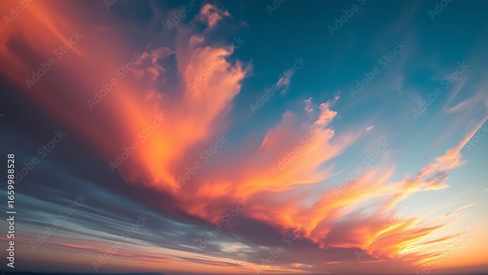 Fototapeta premium Dramatic sunrise and sunset sky with vibrant clouds, showcasing warm and cool color contrasts in a panoramic view.