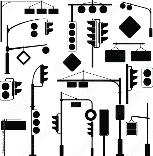 Traffic lights, road signs, street poles, and signal illustrations for urban transportation safety, road regulation, city infrastructure vector elements