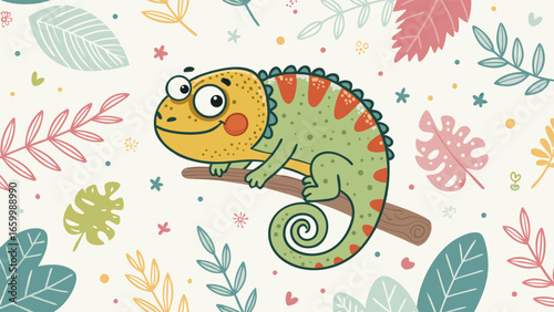 Chameleon on Branch Surrounded by Colorful Leaves - Cute Cartoon Design