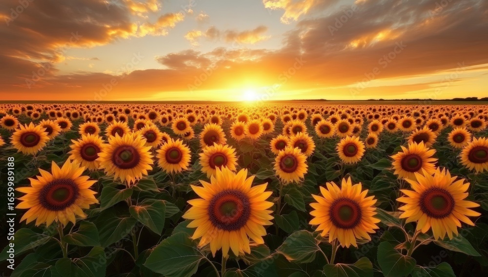 Obraz premium A vibrant sunflower field stretches under a golden sunset sky, casting warm light over the blooming flowers and creating a serene, picturesque landscape.