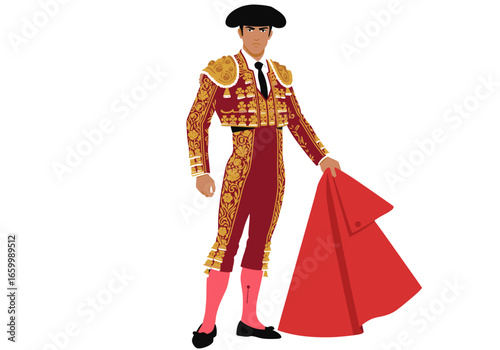 Elegant Matador in Traditional Costume Holding Red Cape