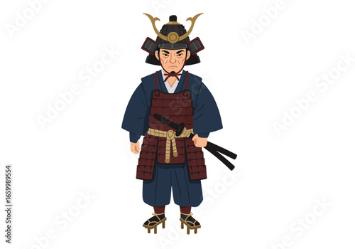 Cartoon Samurai Warrior in Traditional Armor and Katana