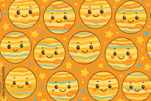 Adorable celestial bodies with happy faces forming a charming orange space pattern