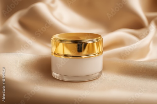 Luxurious white cream jar with golden lid on silk background, premium skincare packaging design concept