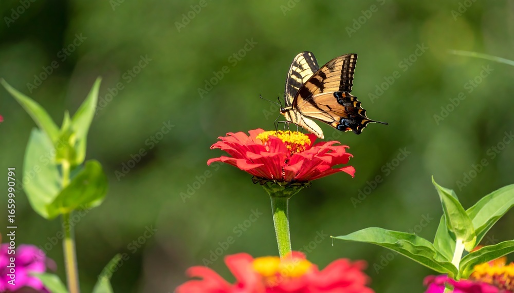 Obraz premium A graceful swallowtail butterfly rests gently on a vibrant red zinnia flower, showcasing nature's beauty in soft natural light.