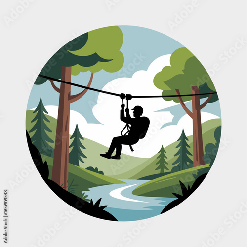 Ziplining Adventure in Nature Landscape Illustration