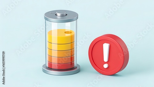 Battery Indicator Displaying Low Energy with Exclamation Mark Signalling an Urgent Alert on Light Background