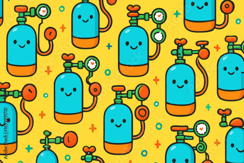 Seamless Pattern of Cute Cartoon Gas Cylinders with Smiling Faces