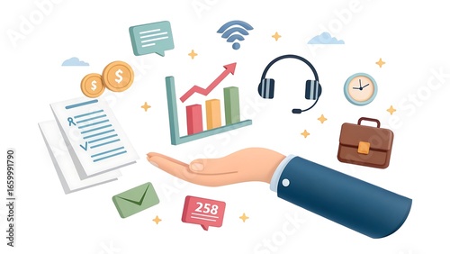 Cartoon Hand Holding Business Growth Elements, Communication, Time Management, and Finance Illustration.
