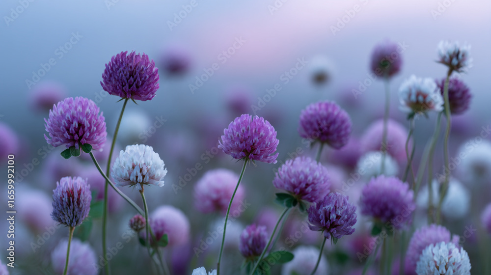 Obraz premium A field of purple and white clover flowers blooming in a soft blurred background scene