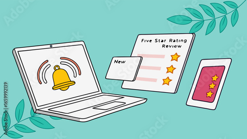 Digital Devices Displaying Notifications and Positive Reviews with Star Ratings.