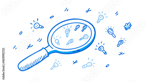 Blue doodle magnifying glass with light bulbs idea