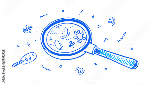 Blue doodle magnifying glass with germs bacteria science