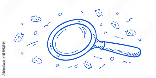 Blue doodle magnifying glass with scattered elements