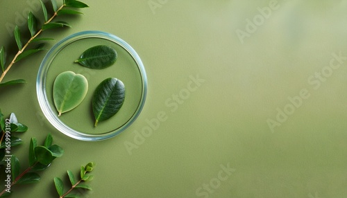 natural skin care products swatches in petri dish and green plants on olive green background copy space trendy border of beauty product sample organic vegan plant based skin care concept