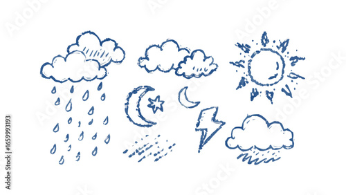 Blue weather icons hand drawn clouds