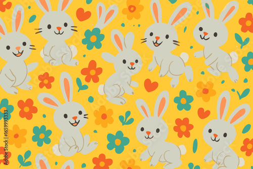 Cute Easter Bunny and Floral Pattern Design