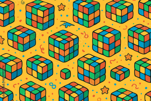 Seamless Decorative Background with Interlocking Cube Puzzles and Festive Accents