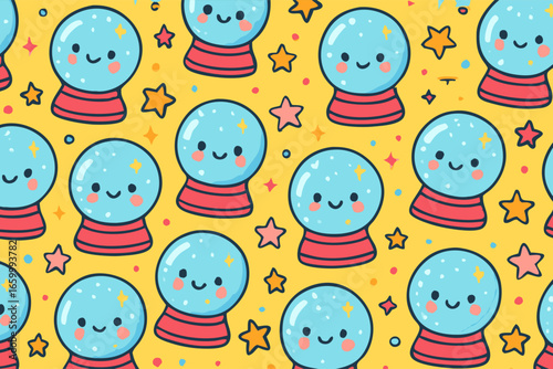 Whimsical Cute Crystal Balls and Sparkling Stars Seamless Repeat Pattern