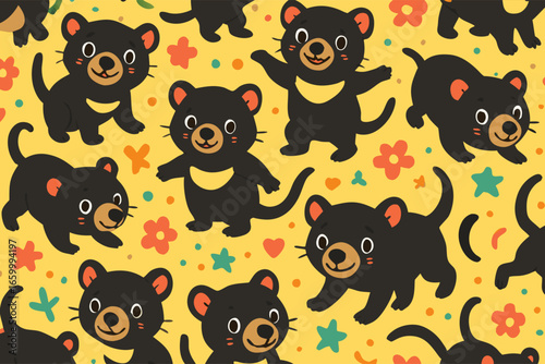 Cheerful Seamless Pattern of Cute Cartoon Tasmanian Devils, Flowers, and Stars