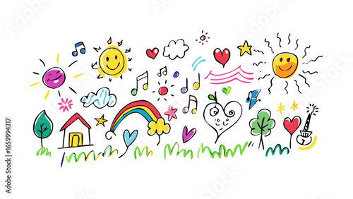 Cheerful doodle elements with sun rainbow and house