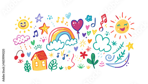 Cheerful doodle elements with sun rainbow and house