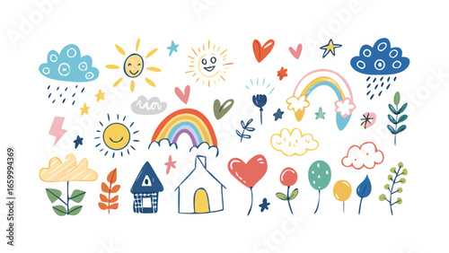 Cheerful doodle elements with suns and rainbows clouds