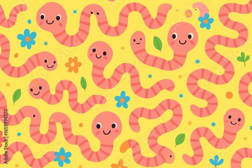 Cartoon Worms with Flowers and Yellow Background Pattern Illustration