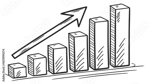 HandDrawn Increasing Bar Graph with Arrow Symbol.