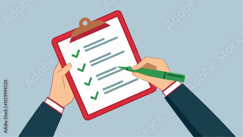 Hands Completing Checklist on Clipboard with Green Pen Illustration.
