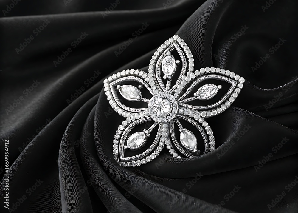 Fototapeta premium Stylish gift bag made from luxurious black and white satin fabric with a silver necklace, perfect for a wedding or Valentine's Day